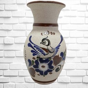 Tonala Mexican Folk Art Sandstone Pottery Vase, 8 Inches Tall Blues & Greens